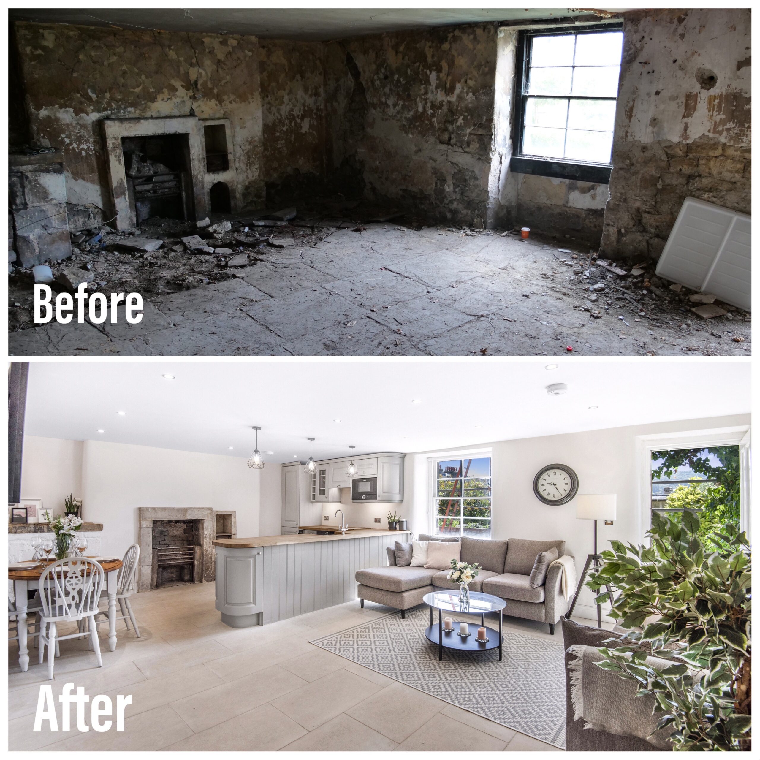 The kitchen and living area of this Grade I Listed bath property have been transformed