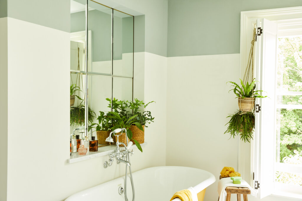 Up Up Away is an ideal off-white paint colour for bathrooms and looks great with greens